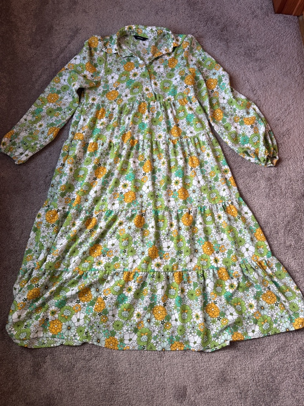 Dokotoo Green Yellow Floral Midi Dress Long Sleeve Boho Smocked Flowy SIZE S